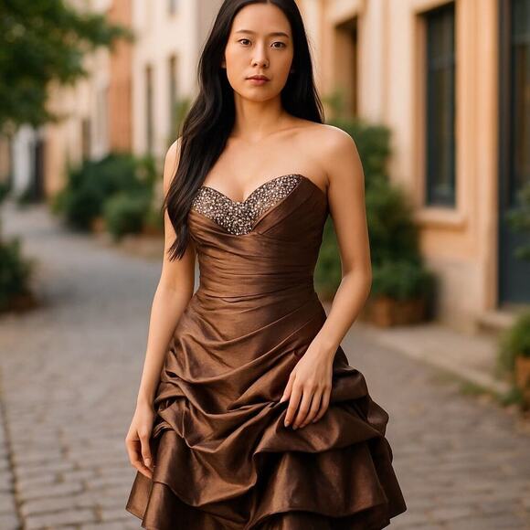Aspeed Spaghetti Strap Cocktail Dress with Sequin Bead Embellishments Brown XL - Picture 1 of 16